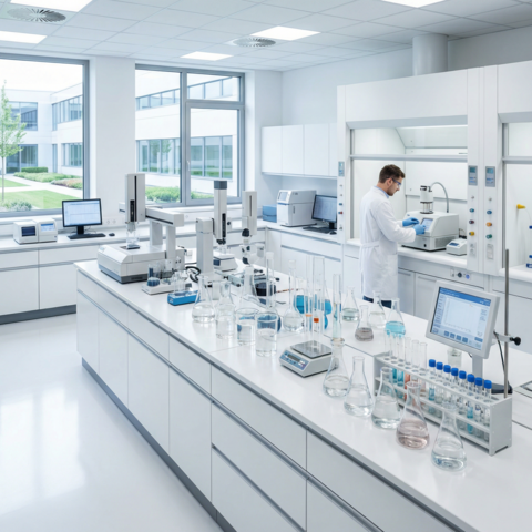 Bright modern laboratory interior with research benches