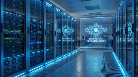 Blue data center server room with digital display
