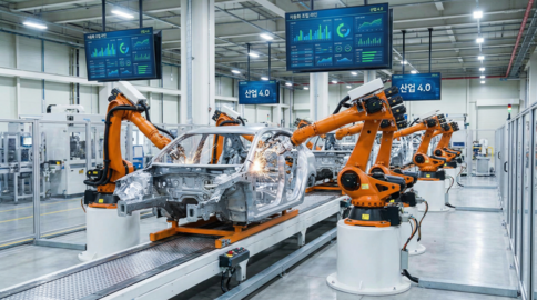 Robotic arms on automated automotive assembly line