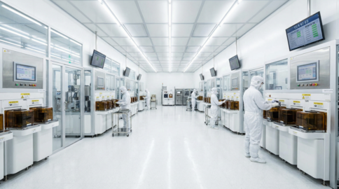 Sterile cleanroom production floor with lab technicians