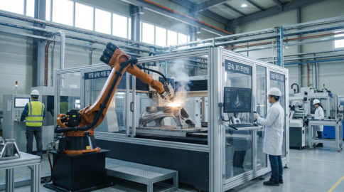 Industrial robot welding inside automated factory cell
