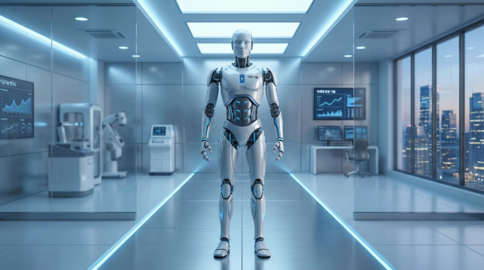 Humanoid robot standing in futuristic laboratory hallway