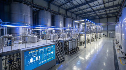 Smart factory corridor with blue digital display