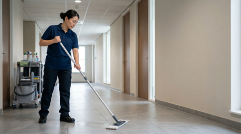 Housekeeper vacuuming apartment interior