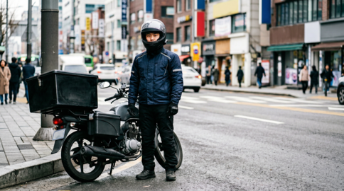 Delivery rider standing beside scooter on city street