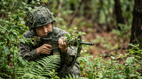 South Korean soldier camouflaged in forest terrain during concealment training