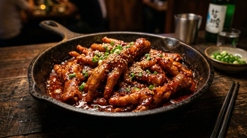 Korean Spicy Chicken Feet (Dakbal) on a Sizzling Plate