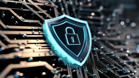 Cybersecurity shield with lock icon representing digital data protection and online security in a