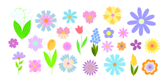 Fancy whimsical flowers set, hand drawn flat style vector illustration, symbol