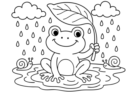 Black outline coloring page featuring cheerful frog with leaf umbrella and snails amidst rain