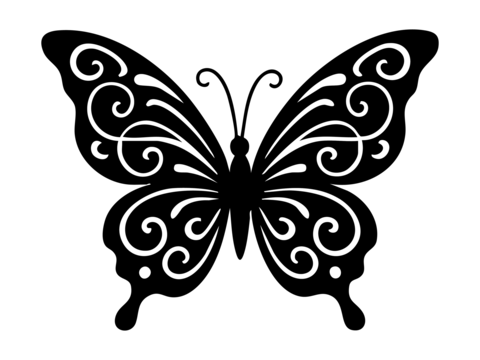Black silhouette of intricately designed butterfly with swirling patterns, isolated on white
