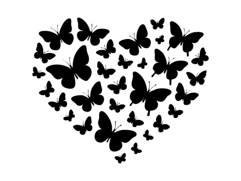 Black silhouette of multiple butterflies forming heart shape, isolated on white background. concept