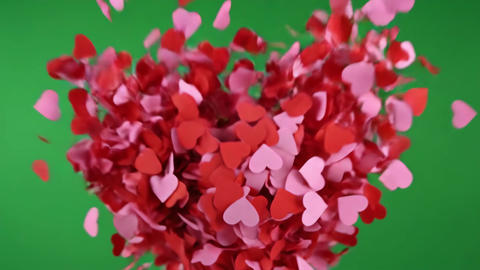 Green Screen Red and Pink Heart Confetti Eruption Slow Motion