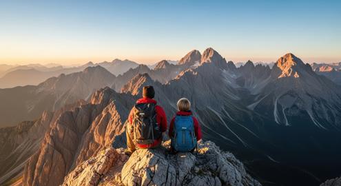 Two hikers on mountain peak admiring vast mountain range at sunset