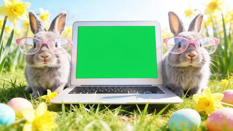 Rabbits in glasses and a laptop with a green chroma key screen, against a backdrop of Easter eggs