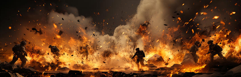 War, explosion and smoke, soldier silhouette on battlefield with conflict