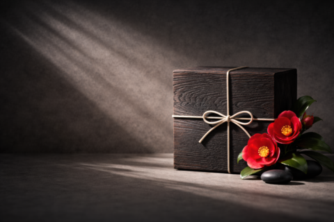 Luxury gift box with red camellia flowers in dramatic studio lighting