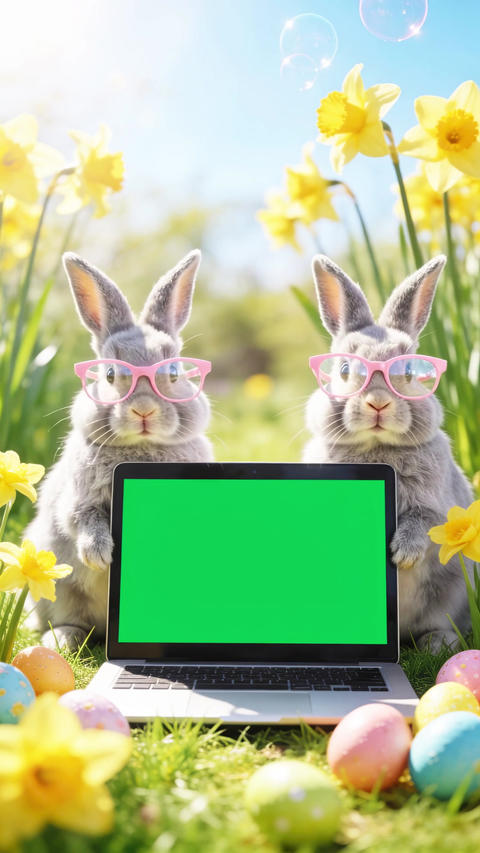 Rabbits in glasses and a laptop with a green chroma key screen, against of Easter eggs and daffodils