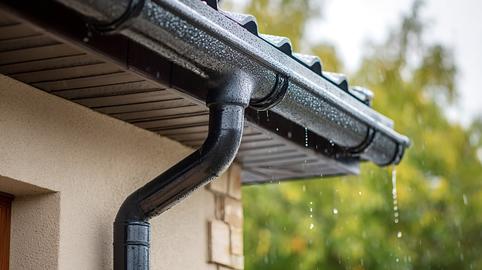 Rainwater draining from house roof gutter system