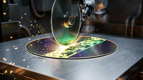 4K 60P Robotic Arm Cutting Silicon Wafer with Glowing Sparks