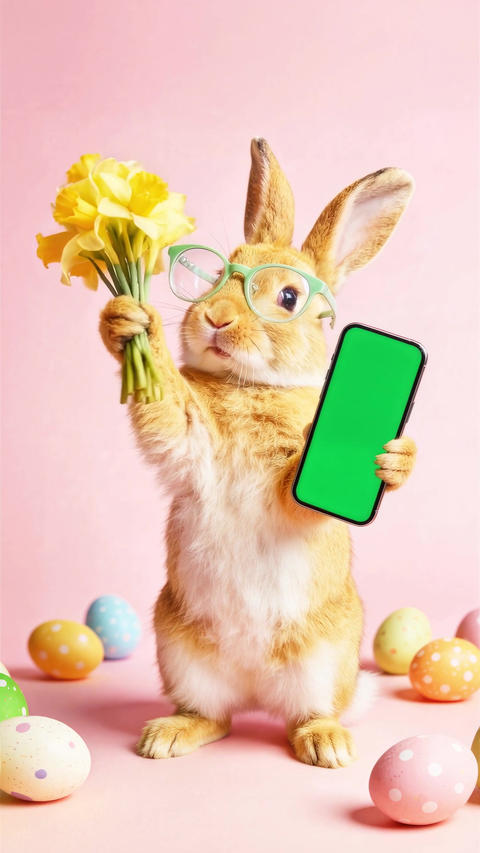 A charming bunny wearing glasses and daffodils holds a green screen mobile phone for an app