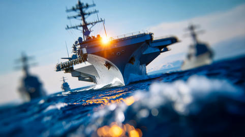 Powerful naval warship fleet moving across open ocean with the lead vessel cutting through blue