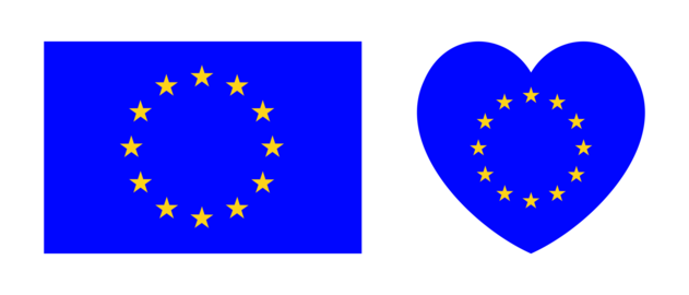 European Union heart, rectangular flag icons set. Flag of EU, yellow stars on blue heart shaped