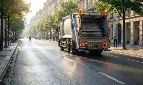 Garbage truck collecting waste on a quiet city street lined with trees and buildings during early