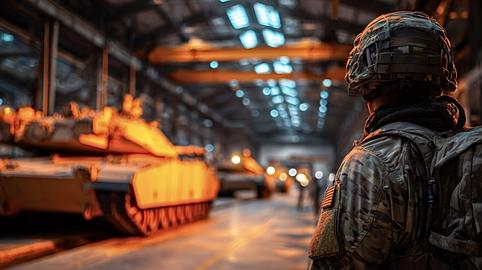 Soldier observing tanks in military industry factory producing armor