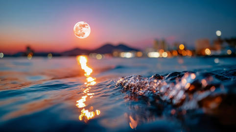 Full moon over a calm sea at dusk with shimmering reflection and soft coastal city lights