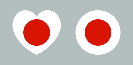 Flag of Japan icon, sticker. Japanese flag heart, round button, banner, background. Heart shaped