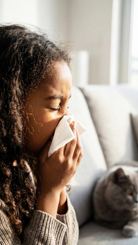 A Dark-skinned little girl sneezes due to allergies while sitting on the couch with her cat