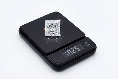 Princess cut diamond sparkling on a digital jewelry scale displaying its carat weight