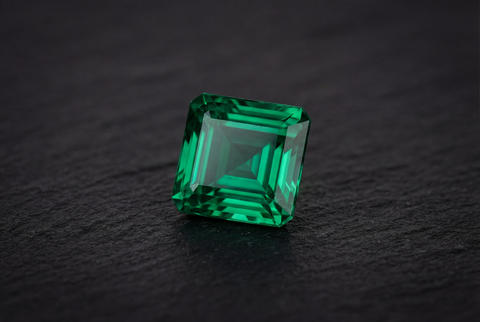Perfectly cut vibrant green emerald gemstone displayed on a minimalist black charcoal surface