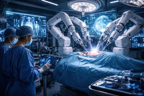 Surgeons use robotic arms for advanced minimally invasive surgery in modern operating room