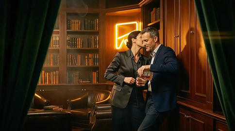 Business couple kissing in library during post work celebration