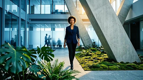 Black female executive walking through sustainable corporate atrium