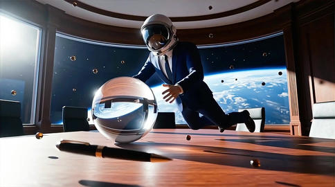Astronaut pushing sphere in zero gravity boardroom for global vision