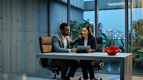 Business couple reviewing tablet in office for leadership insights