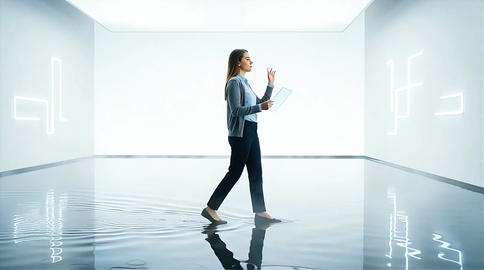 Analyst swiping glass tablet while walking for data visualization