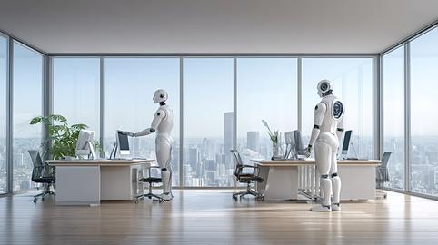 Robots working in modern office with city skyline view