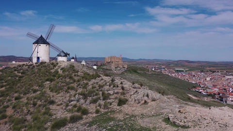 Aerial View of Famous Consuegra Windmills – Don Quixote Landscape in Castilla La Mancha, Spain