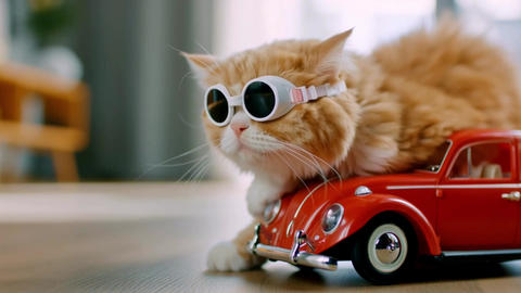 Cute orange cat with sunglasses sitting in small red ca