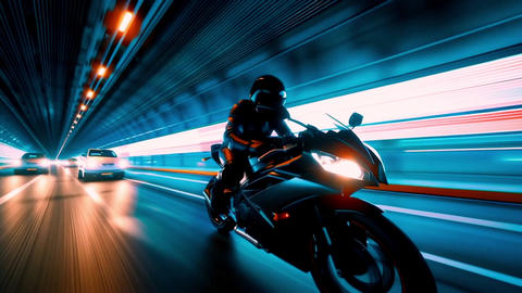 Biker riding motorcycle fast through tunnel with lights loop