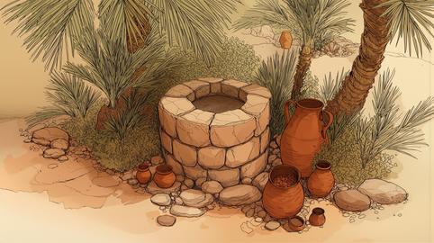 Pen and ink with watercolor wash illustration of a stone well surrounded by desert palms and