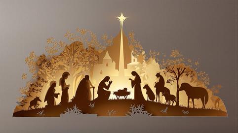 Papercut art illustration of a nativity scene with layered silhouette figures a glowing star and