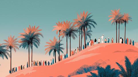 Risograph print style illustration of a congregation gathered outdoors under palm trees on a