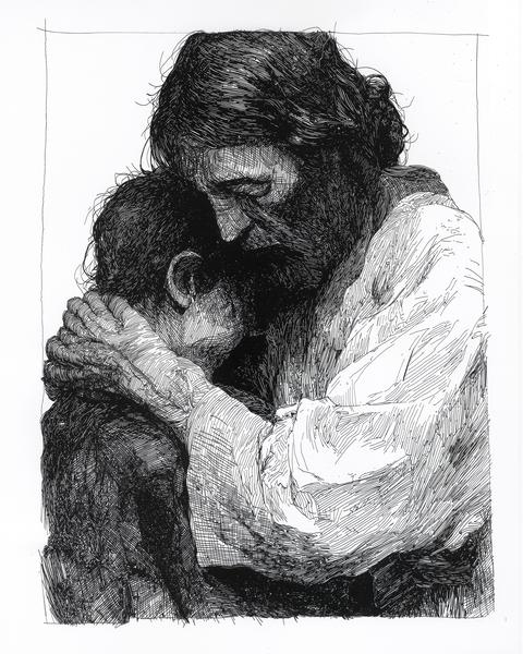 Ink etching illustration of the prodigal son being embraced by his father with expressive