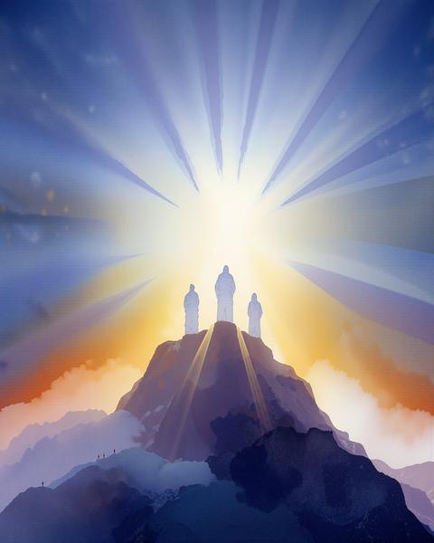 Watercolor illustration of the transfiguration on a mountaintop with blinding white light radiating