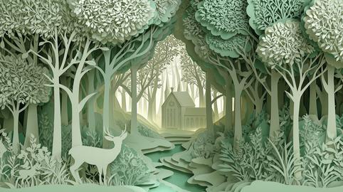 Papercut art illustration of a layered forest scene with a deer a stream and a small chapel through